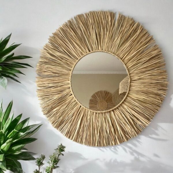 Espelho Redondo Decorativo Boho Rústico Em Palha Natural – 70cm