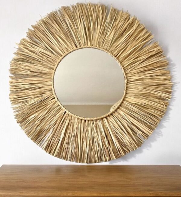 Espelho Redondo Decorativo Boho Rústico Em Palha Natural – 70cm - Imagem 3