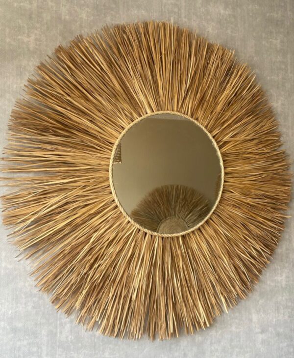 Espelho Redondo Palha Fibra Natural Grande Boho Rústico Decor - 100cm