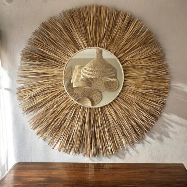 Espelho Redondo Palha Fibra Natural Grande Boho Rústico Decor - 100cm